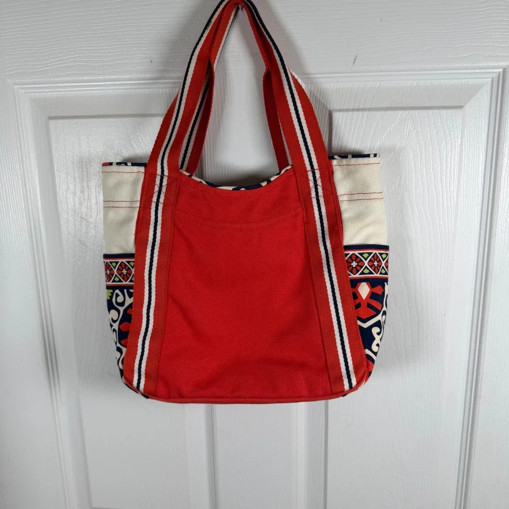 Vera Bradley Tote Bag Womens Medium Red Canvas Geometric Floral Striped Straps